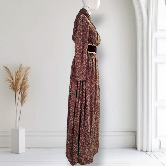 Vintage 70s Lurex Velvet Formal Dress Mock Neck Metallic Boho Holiday 0 - Picture 2 of 16